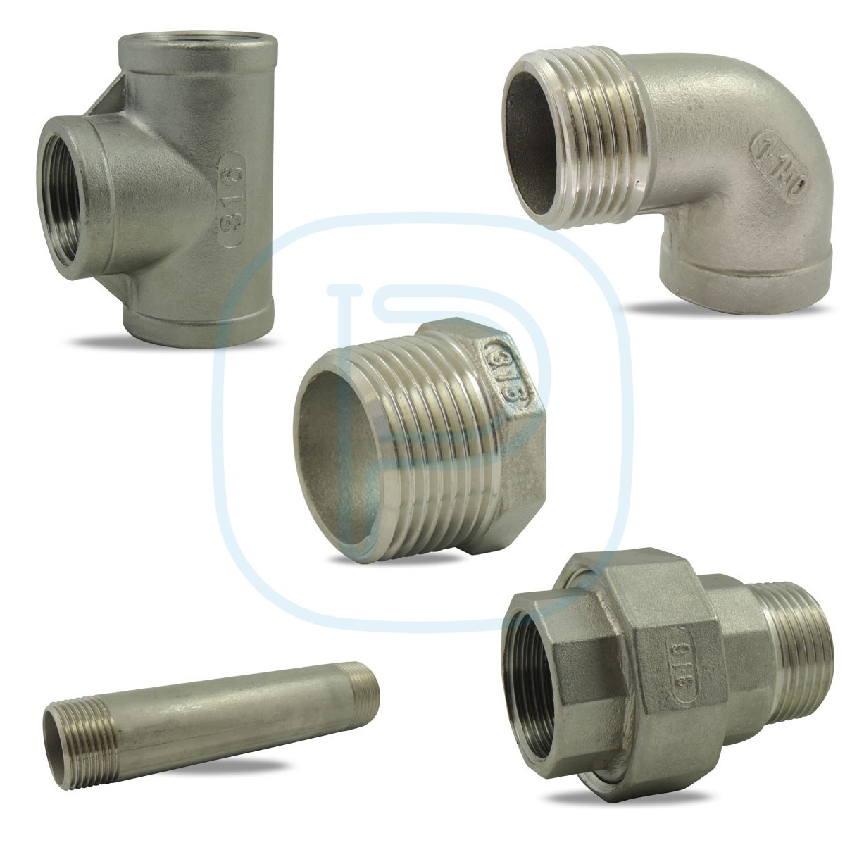 Kit de raccords en inox 316 1"1/4 pour réservoir à membrane diaphragme (Té réduit, bobine et coude pour pressostat, raccord-union)