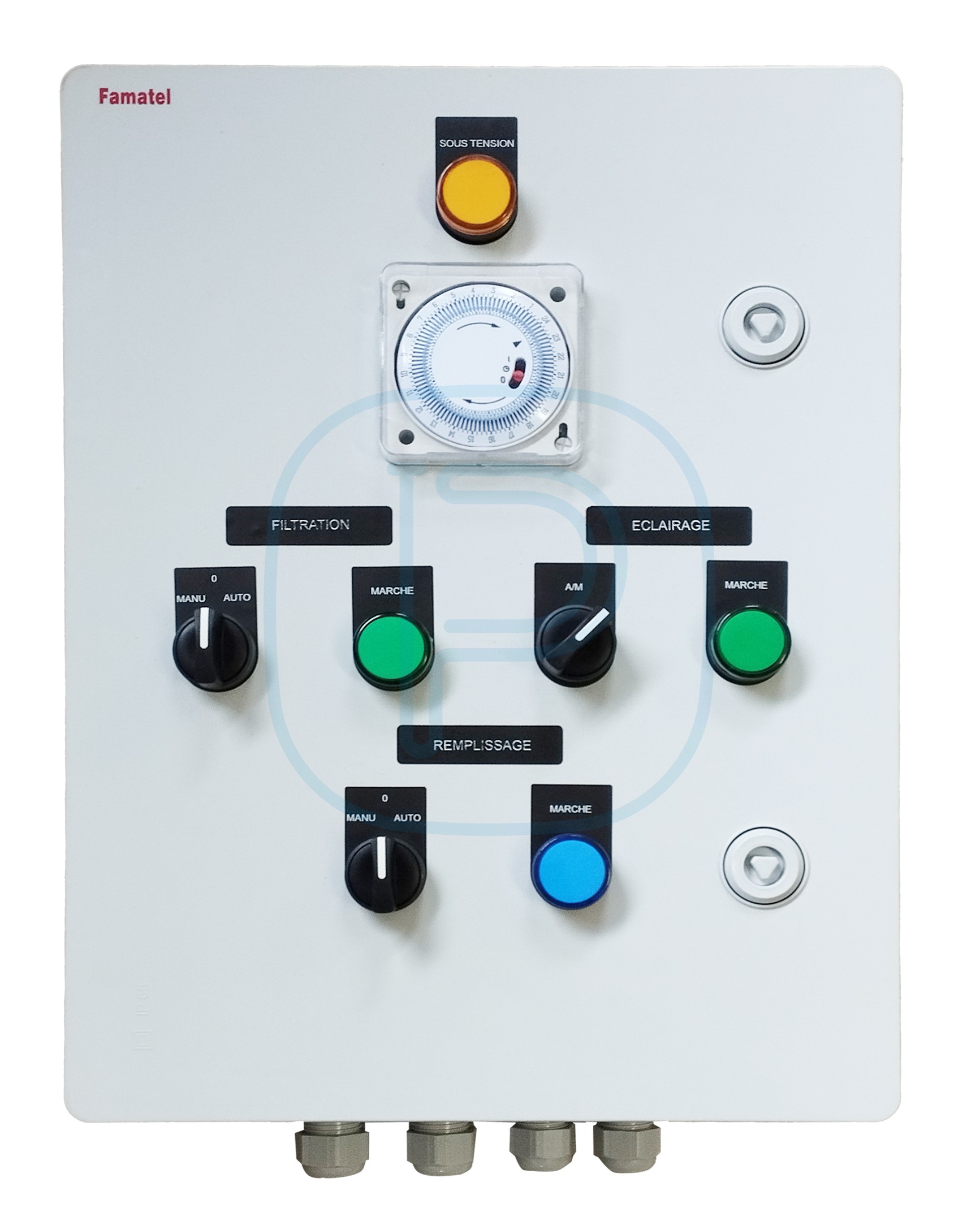Armoire électrique piscine électro-mécanique - 1 pompe de filtration 1x230V - 1 alimentation asservie - 1 départ projecteur 12V 100VA - 10A max - sans disjoncteur-moteur