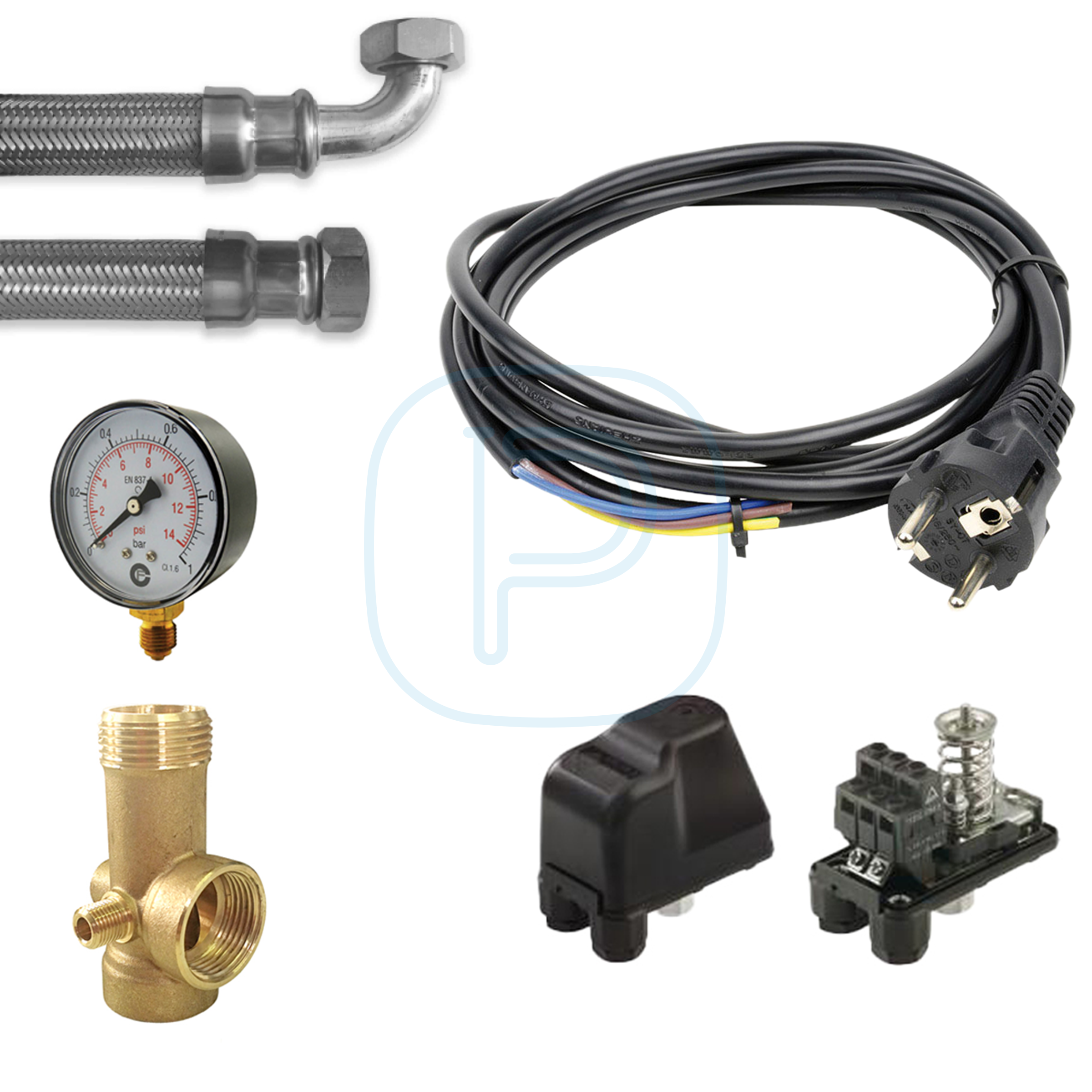 Kit groupe surpresseur atelier : pressostat - manomètre - raccord 5 voies - flexible de connexion réservoir - 3m de câble avec prise mâle Schuko - assemblage atelier