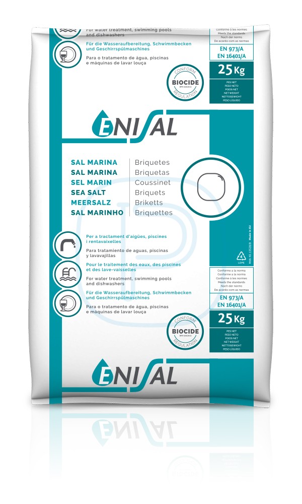 Sel marin adoucisseur et piscine en briquettes - sac 25Kgs EN973/A EN16401/A